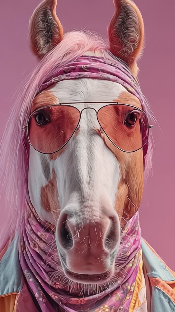 Cavallo elegante con criniera rosa e occhiali da sole in posa fiduciosa su uno sfondo rosa, che mette in mostra unicità e dichiarazioni di moda di tendenza.