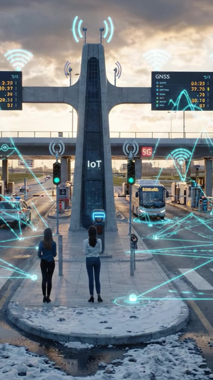Due individui in piedi in un hub di trasporto futuristico con tecnologia avanzata e funzionalità di connettività sotto un bellissimo cielo al tramonto.