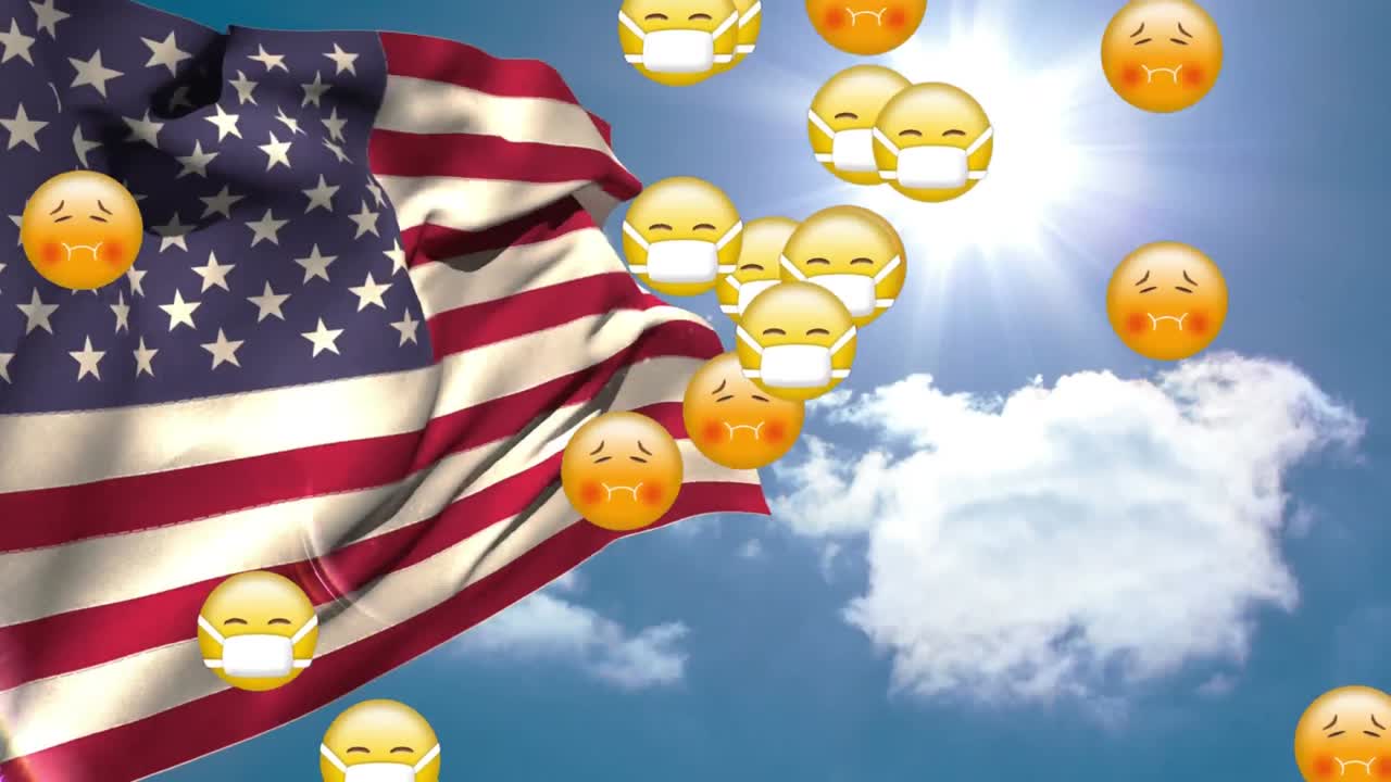 푸른 하늘 배경에 여러 번 떨어지는 미국  ⁇ 발의 애니메이션