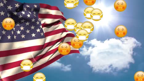 Animation-of-the-USA-flag-over-multiple-falling-in-a-blue-sky-background