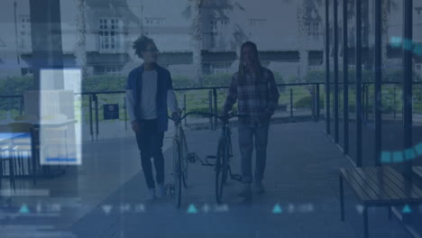 animation of screens with data processing over two african american men with bicycles walking