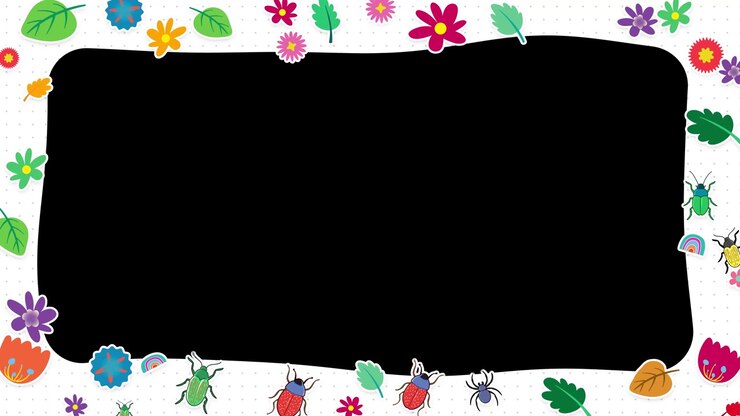 Hand-drawn cartoon insects, leaves, and flowers animate around a looping central frame overlay.