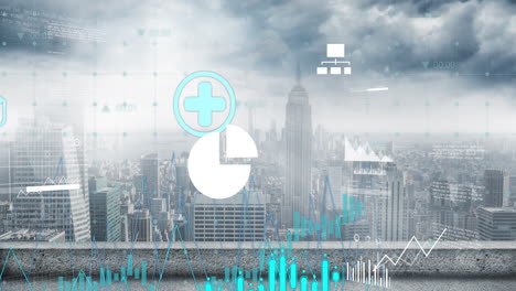 Animation-Von-Geschäftssymbolen-Und-Diagrammen-über-Der-Stadtlandschaft