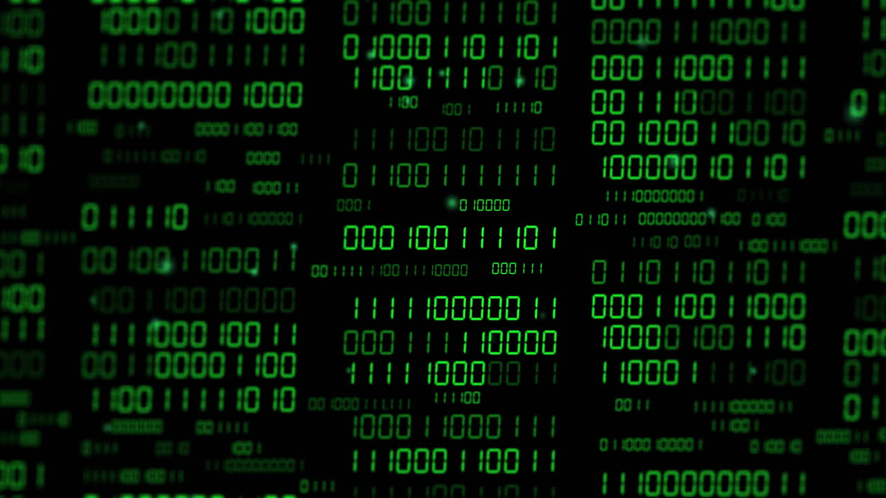 Animation of binary coding and data processing over dark background