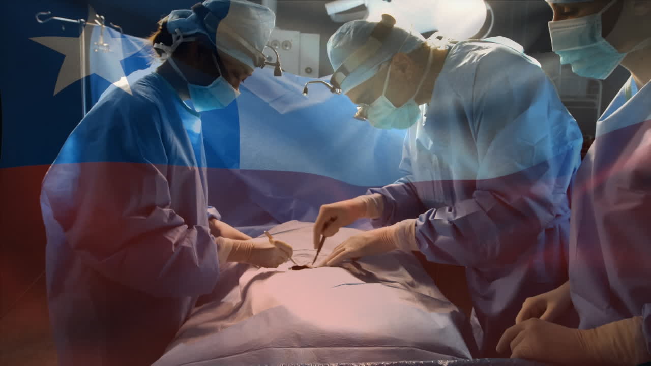 Animation of flag of chile waving over surgeons in operating theatre
