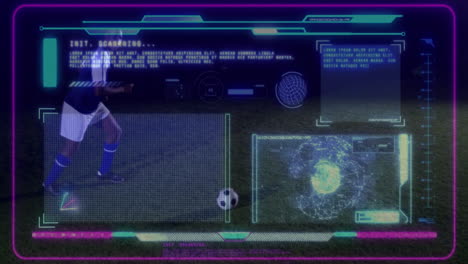 analyzing data, digital interface overlays soccer player on field with animation