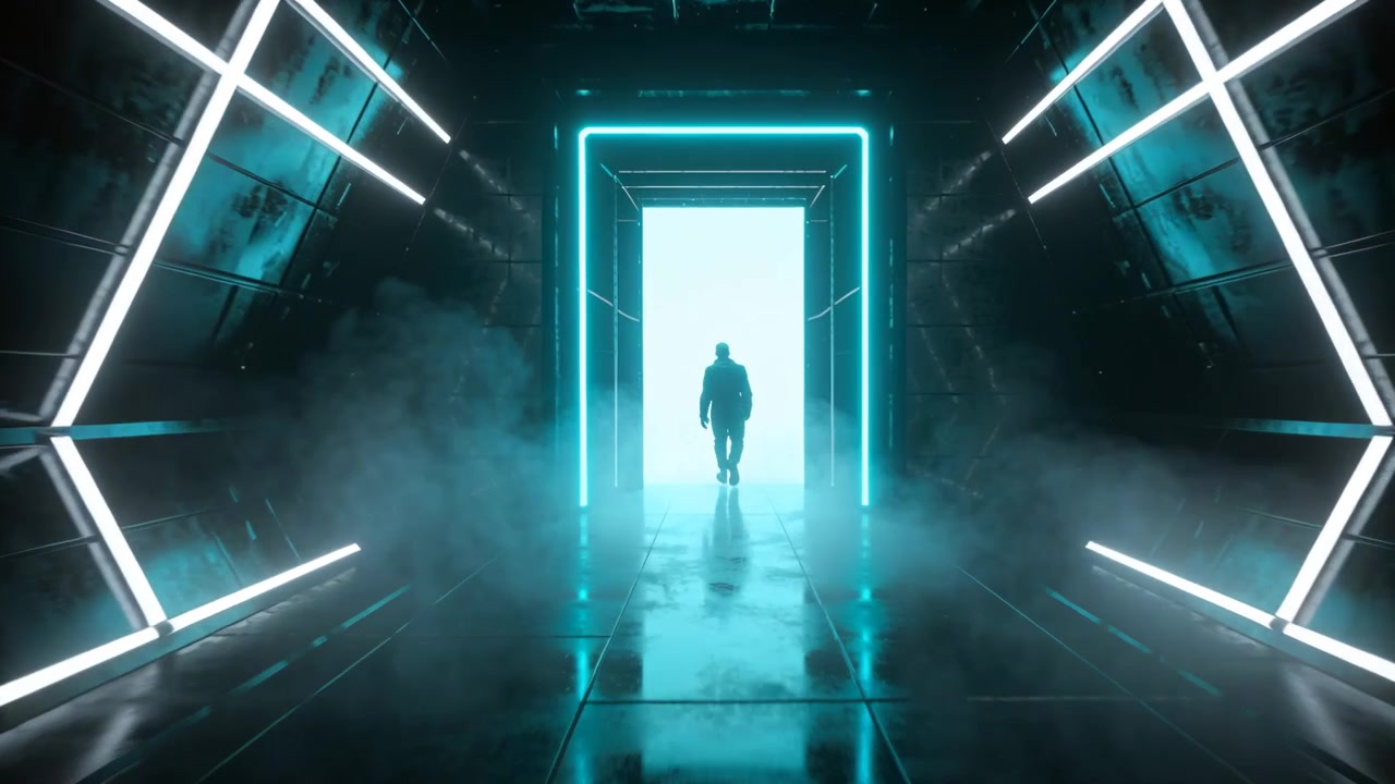 Uomo in silhouette che cammina, uscendo da un portale ciano in un corridoio al neon, con strisce LED, pavimento bagnato e nebbia.
