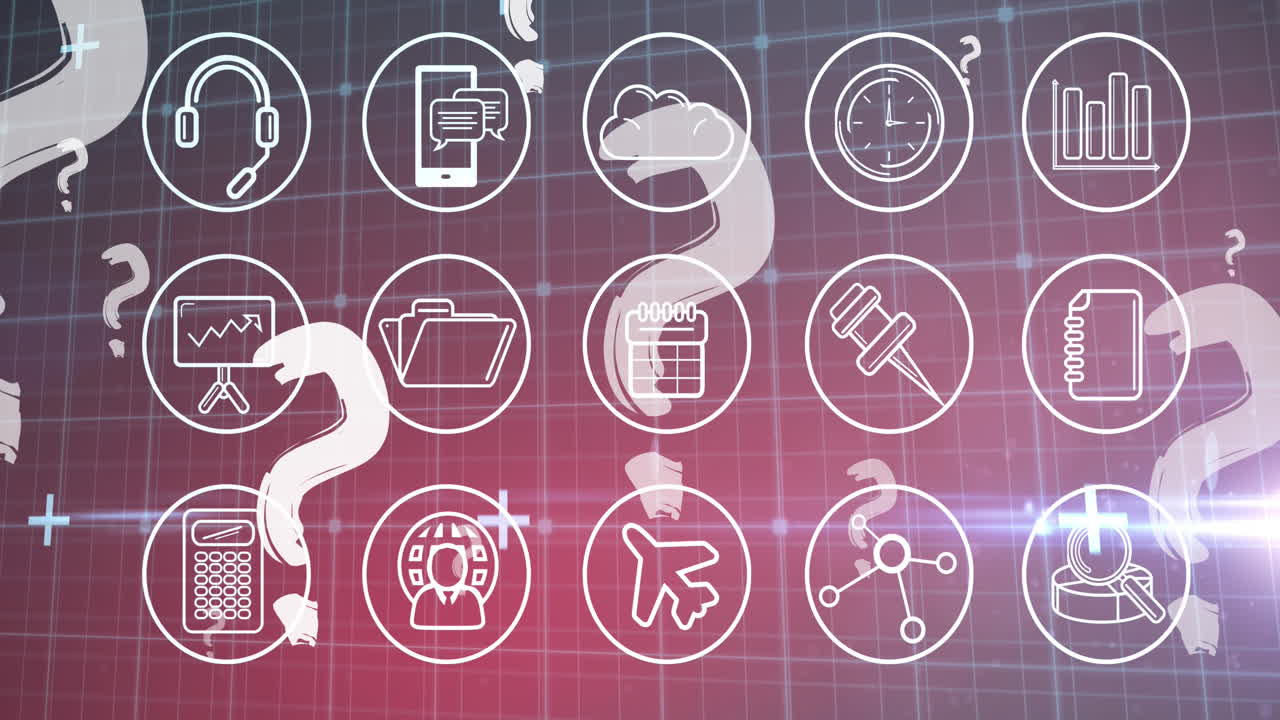 animación de signos de interrogación rojos volando sobre un conjunto de iconos digitales en la cuadrícula en el fondo
