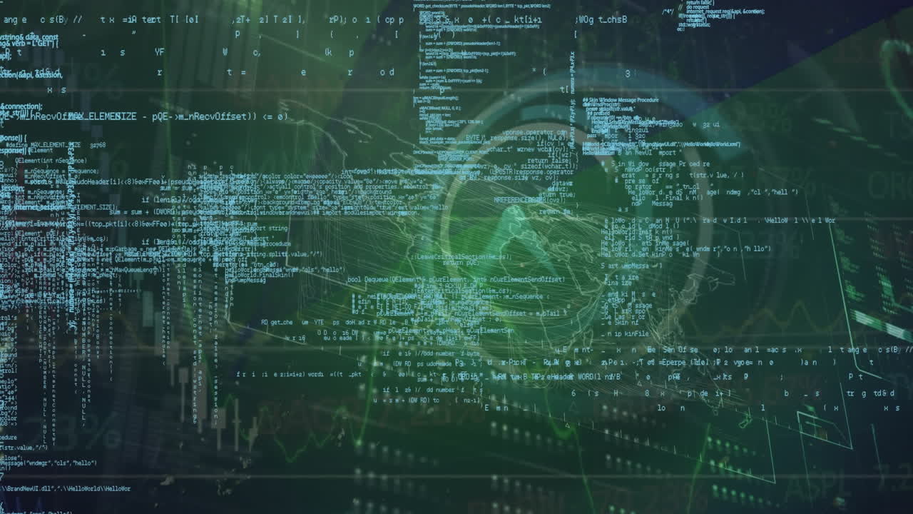 animación del lenguaje de programación sobre globo, gráfico, barras, mapa y reloj digital.