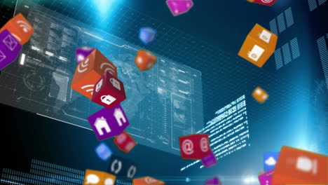 cubos coloridos con iconos que caen mientras los datos se mueven hacia atrás