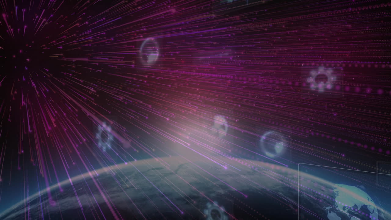 animación de rastros de luz sobre el procesamiento de datos y globo sobre fondo negro