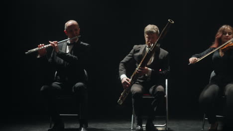 la orquesta está ensayando en la sala filarmónica el fagot y la flauta están tocando música