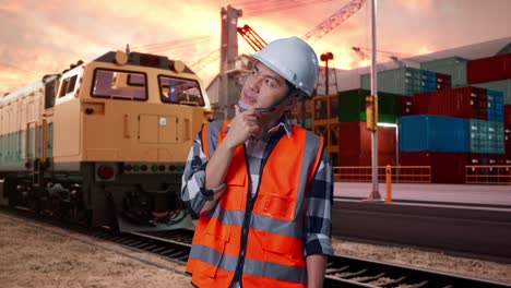 asian male engineer with safety helmet thinking and looking around then raising his index finger while standing with freight cargo train at port