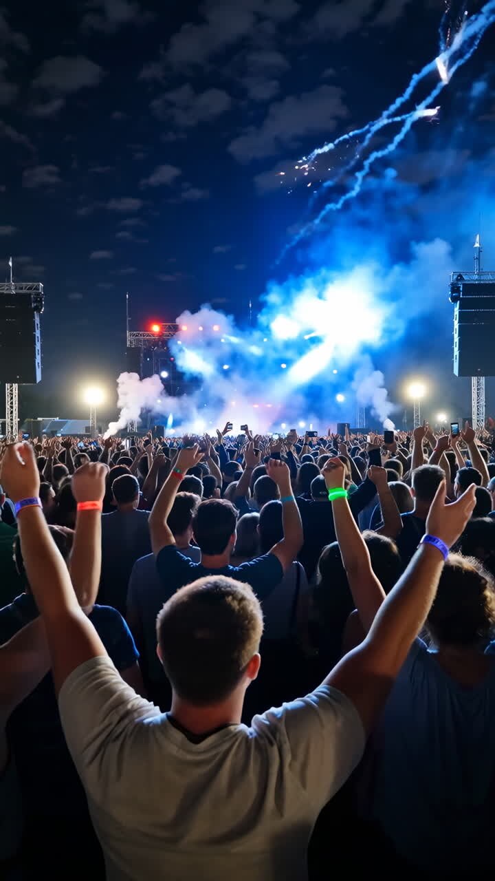 Grande folla che si gode un energico concerto notturno con luci brillanti ed effetti di fumo