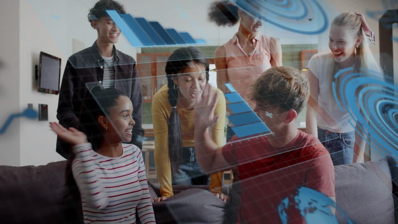 Seated man reading paper, peers leaning in, AR grid overlaying group, celebrating high-five