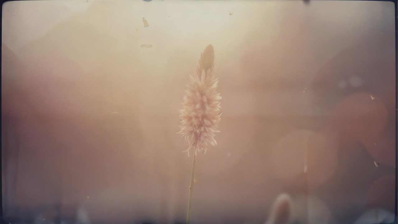 Swaying dried grass seed head bobbing from gentle breeze in golden-hour meadow, drifting pollen