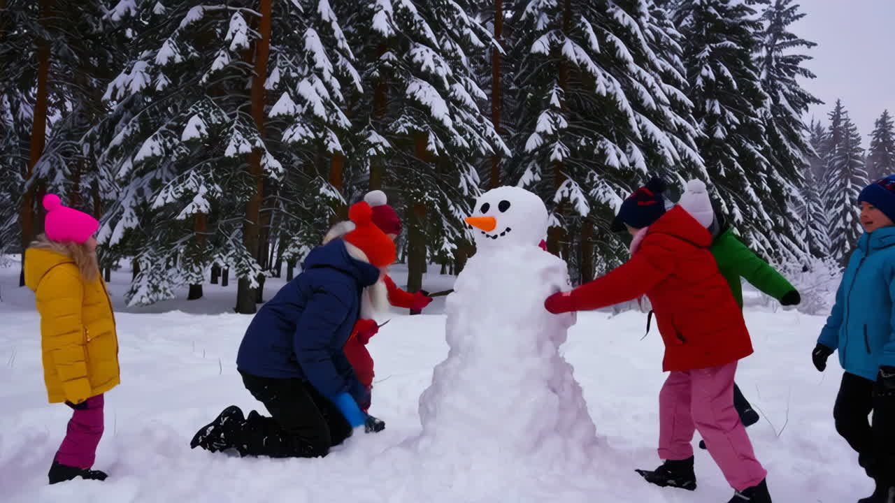 Children building a snowman in a snowy winter forest