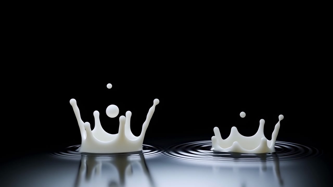 Two white liquid crowns form over glossy dark pool with suspended droplets, concentric ripples, bright highlights, and crisp contrast, showing refined motion, surface tension, and minimal studio style