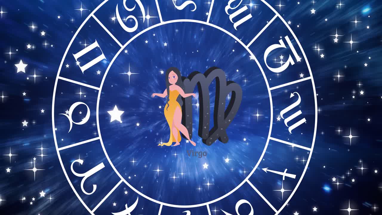 animación del signo estelar de virgo dentro de la rueda giratoria de los signos del zodiaco sobre las estrellas en el cielo azul