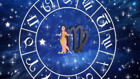 animation of virgo star sign inside spinning wheel of zodiac signs over stars on blue sky