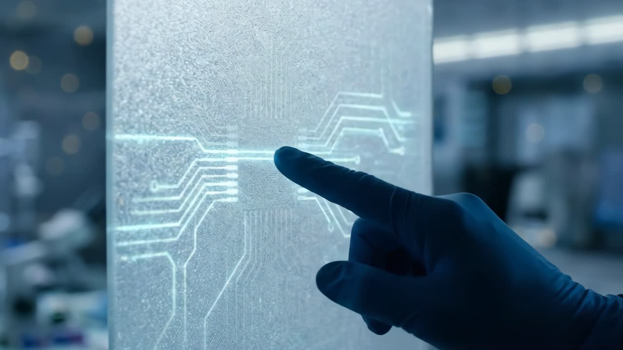 Gloved Hand Interacting with Futuristic Transparent Circuit Board Screen