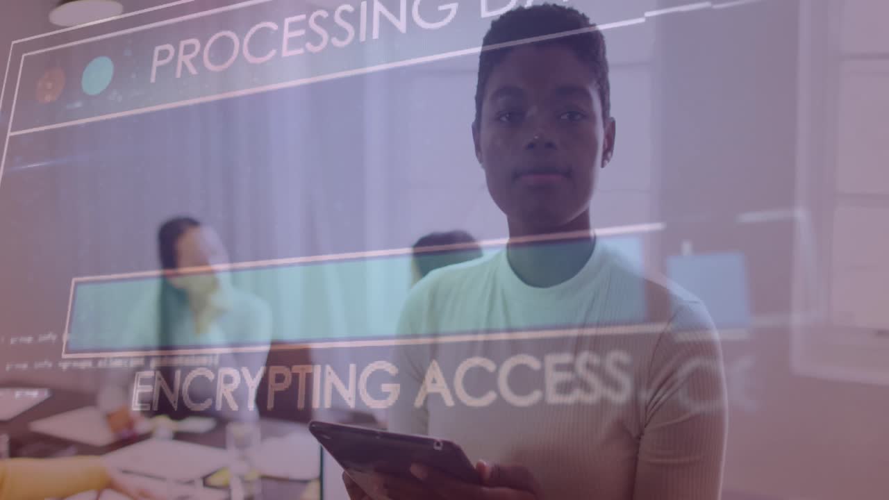 Animation of data processing over african american businesswoman using tablet