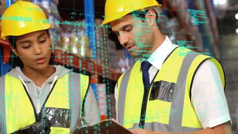 Animation-of-data-processing-over-diverse-people-working-in-warehouse