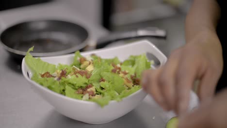 woman chef cook preparing a salad and adding chopped chicken breast at a local restaurant diner cafe in mexico latin america