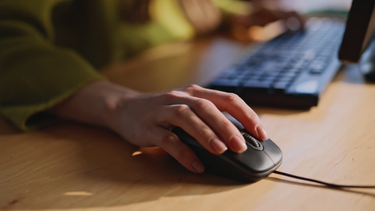 Finger moving computer mouse keyboard workstation closeup. Businesswoman texting