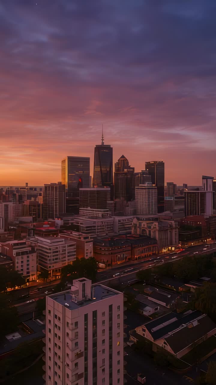 Vertical video: Showing skyline towers dimming into sunset over downtown avenue, with light trails