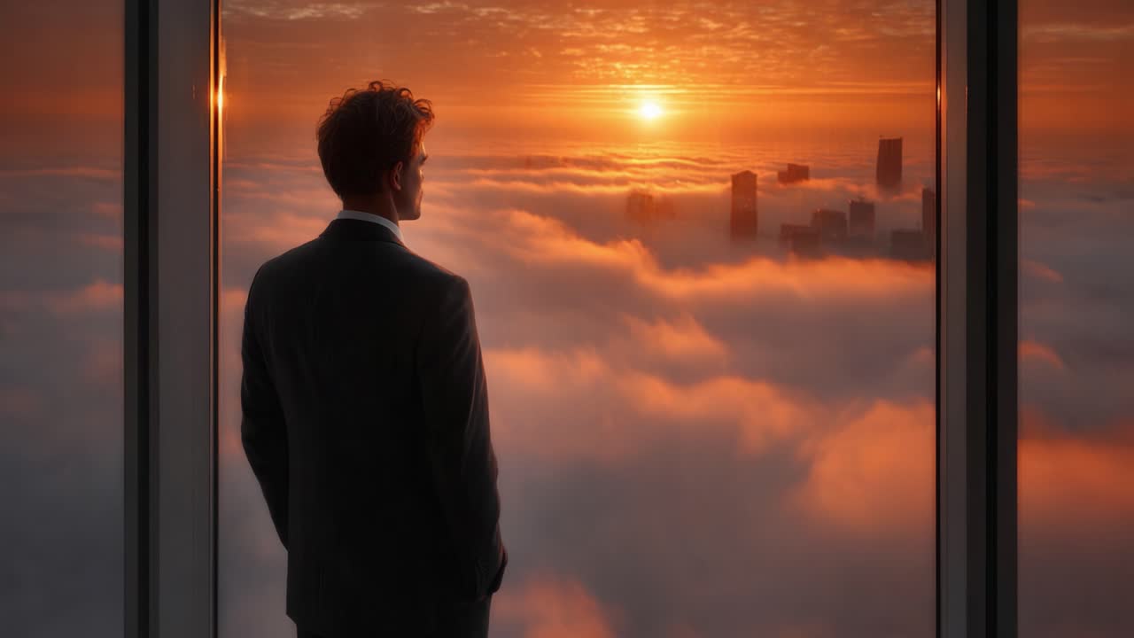 A Silhouetted Figure Contemplates the Twilight Horizon from an Elevated Viewpoint Surrounded by Clouds and Urban Skyscrapers as the Sunset Paints the Sky