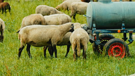 a herd of sheep drink from a tank filled with water on a  sunny and cloudy day. perfect for commercials, documentaries, or nature-related projects
