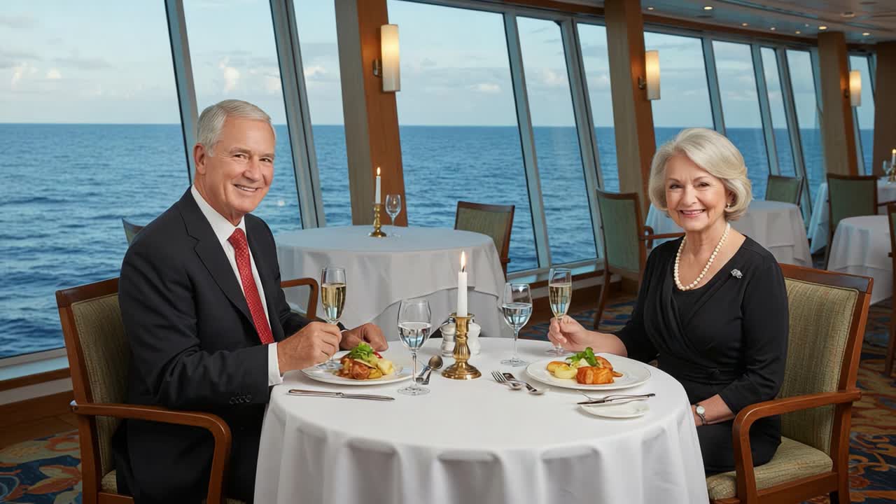 A Romantic Oceanfront Dinner for Two: A Couple Enjoys a Fine Dining Experience with Scenic Views, Gourmet Cuisine, and Elegantly Set Table by the Sea