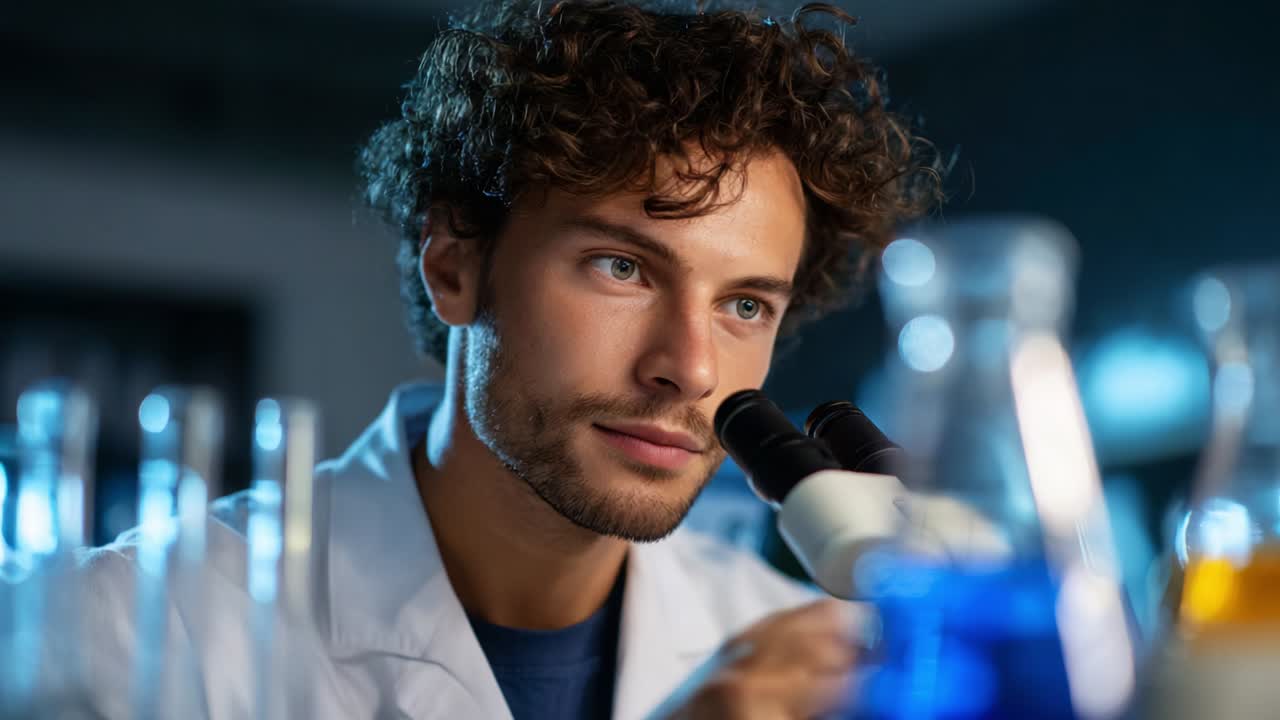 A focused young scientist in a laboratory conducts research through a microscope, surrounded by various glassware and colorful chemical mixtures, emphasizing scientific exploration and discovery