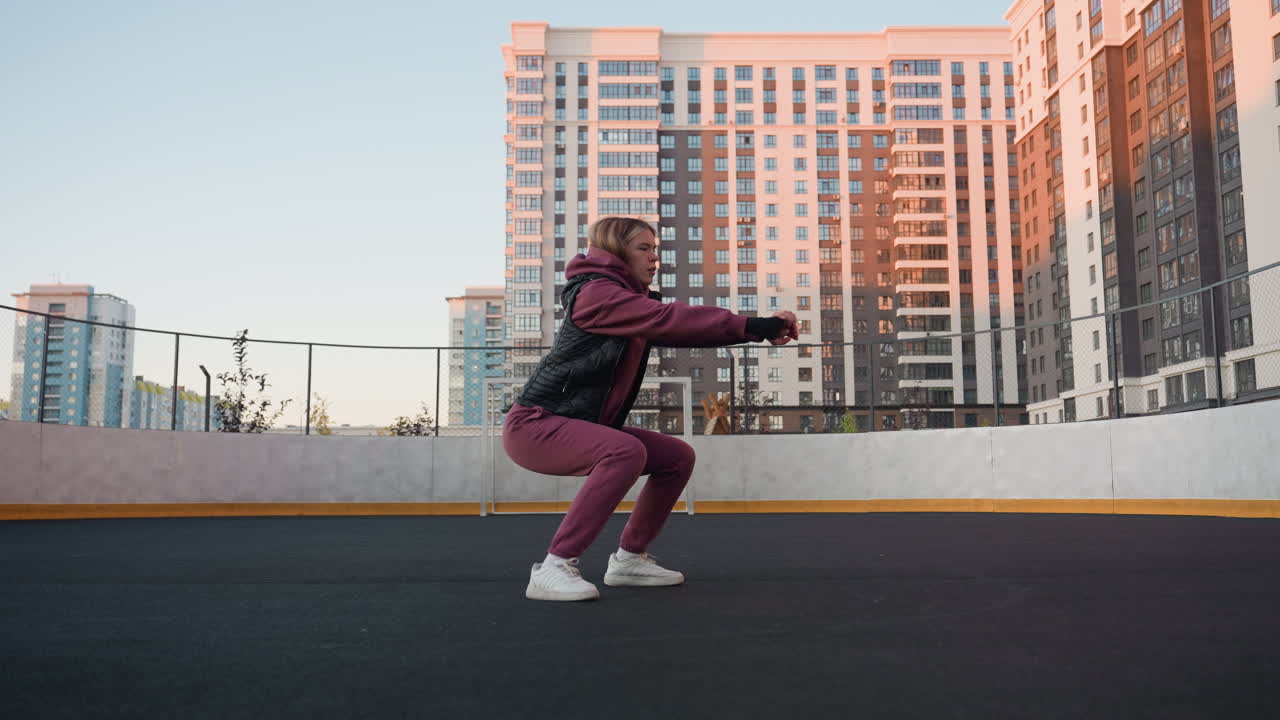Zoomed view youthful woman squatting on round outdoor sports court at sunset casting warm glow on surrounding high rise buildings in dynamic urban workout scene highlighting strength and balance