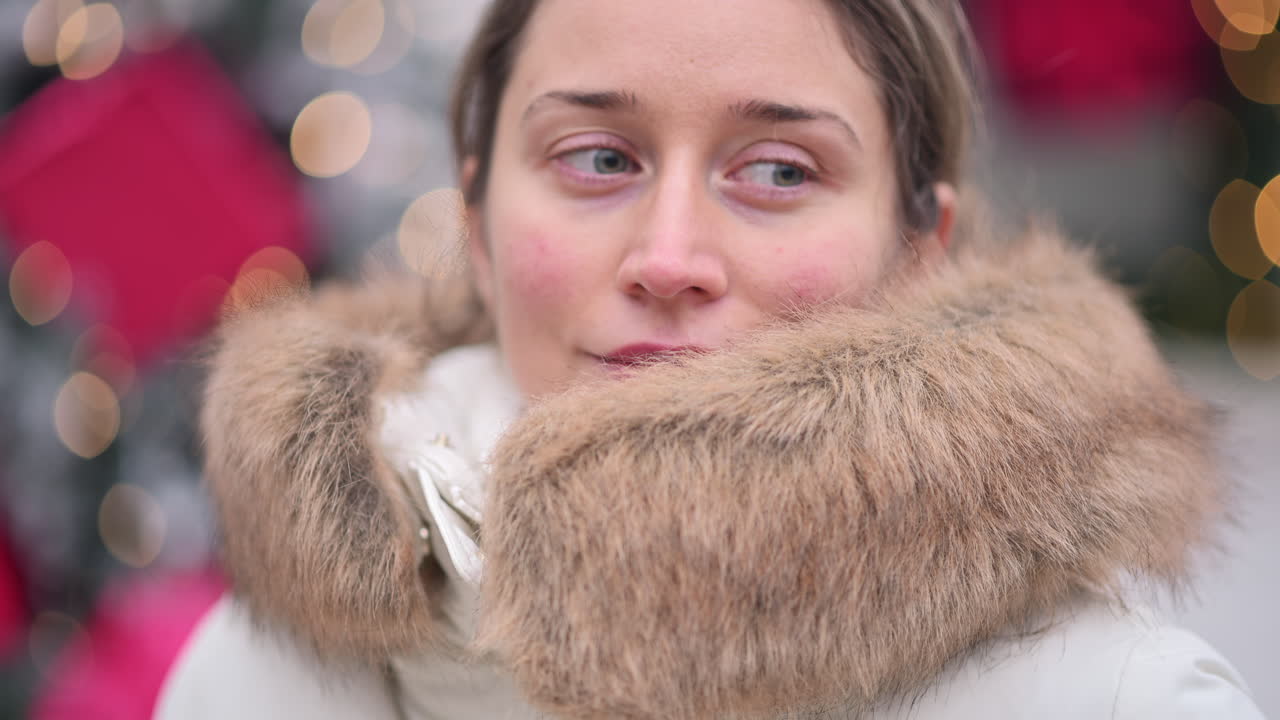 A woman stands in a bustling city center, surrounded by festive decorations. She gazes thoughtfully as winter lights twinkle around her, capturing the joy of the season