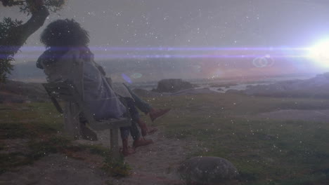sitting on bench by ocean, couple watching starry sky with animation effects
