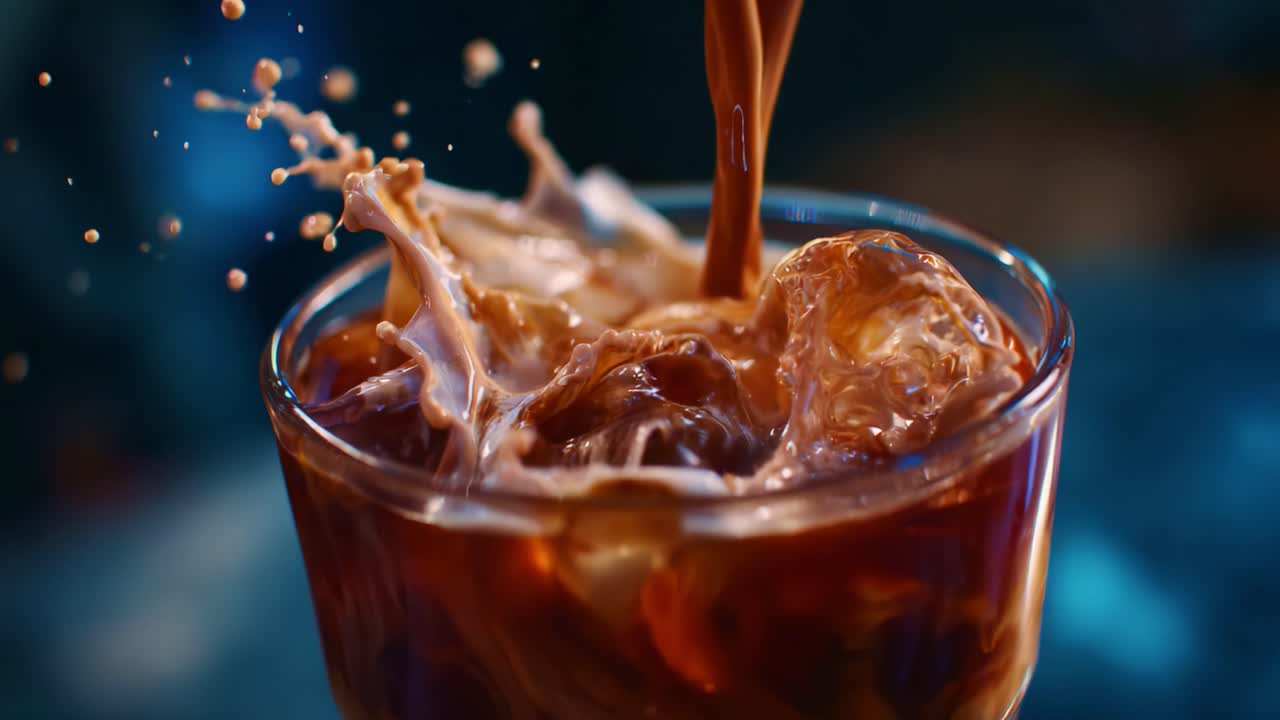 Versata slow-motion soddisfacente di liquido cremoso in un bicchiere pieno di cubetti di ghiaccio, che crea splendidi schizzi per un'esperienza di bevanda rinfrescante