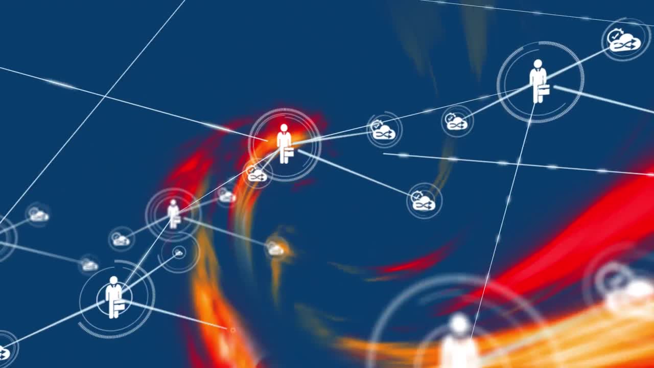 파란색 배경에 다채로운 추상적인 패턴 위에 선으로 연결된 아이콘의 애니메이션