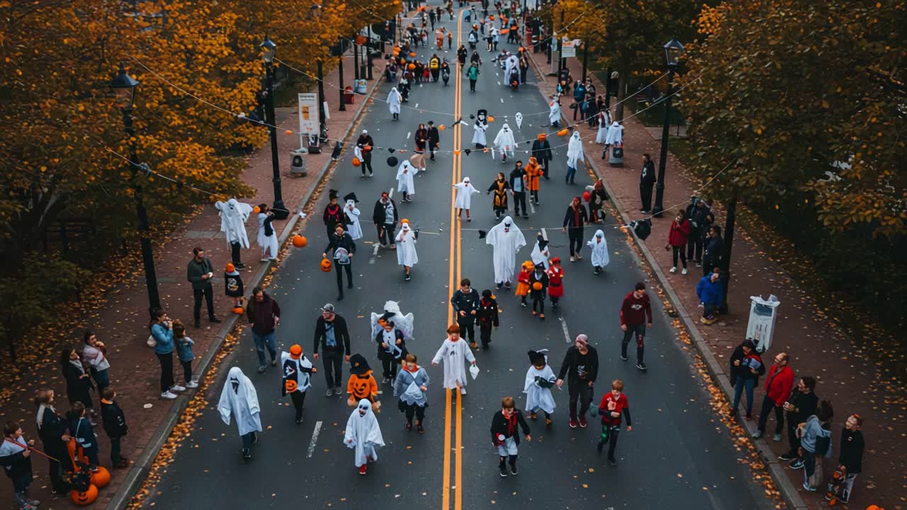 A Spectacle of Spirits: An Enchanting Halloween Parade Featuring Costumed Participants, Pumpkins, and Autumn Colors on a Lively City Street