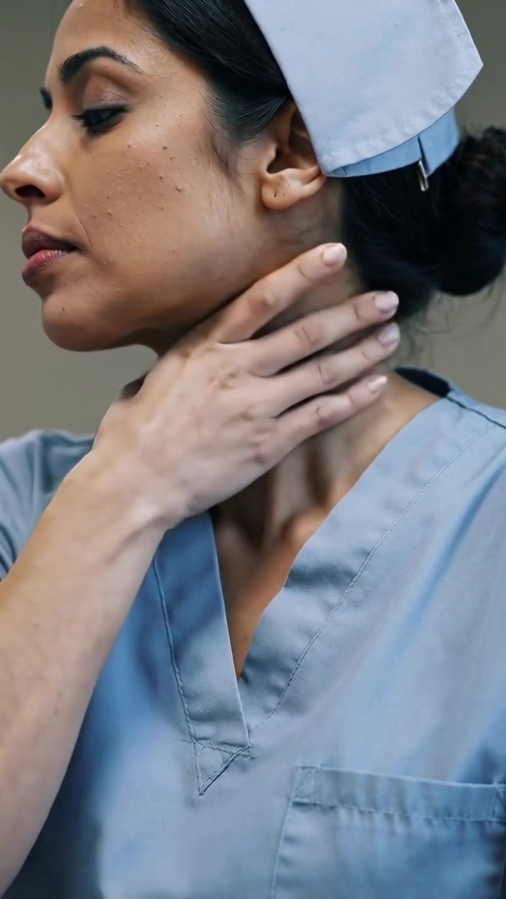 Video verticale: Mano destra che massaggia, infermiera in camice blu che massaggia il collo in clinica mostrando le unghie.