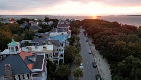 slow aerial push over old homes along the battery in charleston sc, south carolina