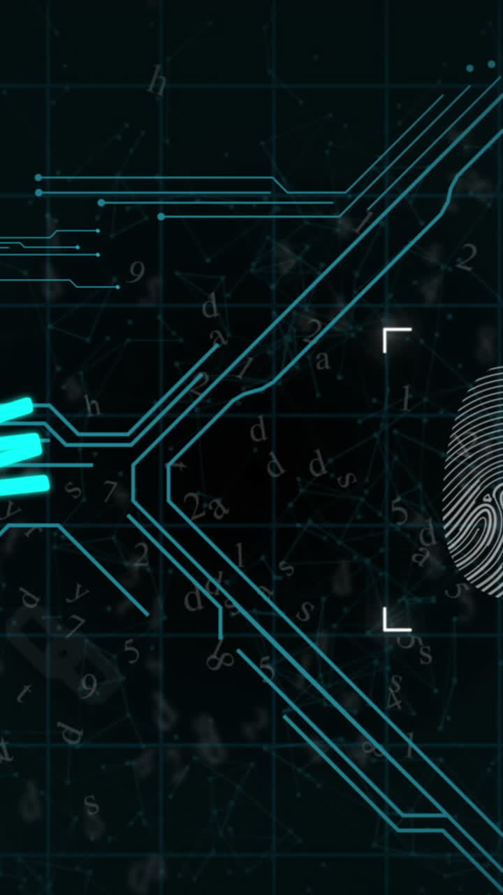 Animation of biometric fingerprint, letters and numbers changing, scope ...