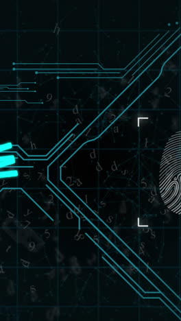 animação de impressões digitais biométricas, alterações de letras e números, digitalização e processamento de dados