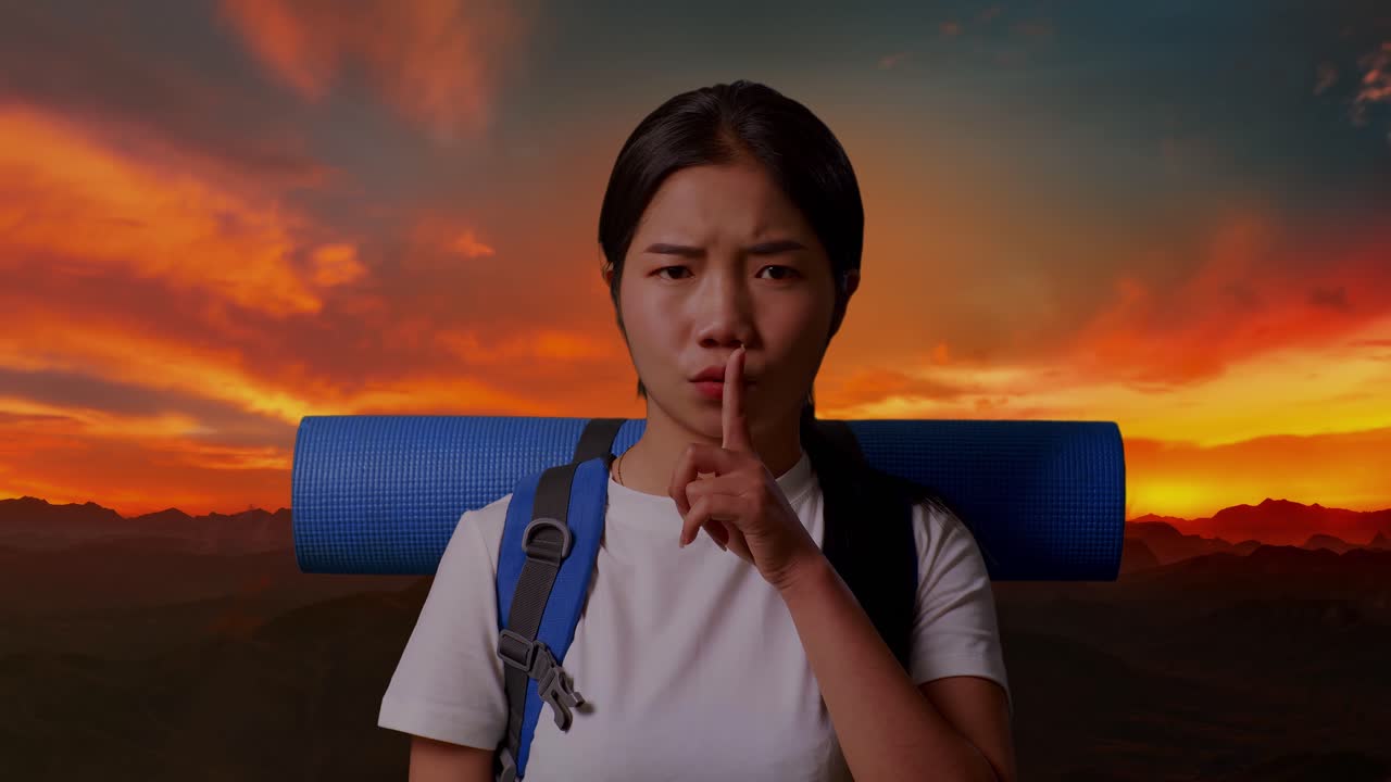 해가 지는 산에서 하이킹을 하는 여성 관광객