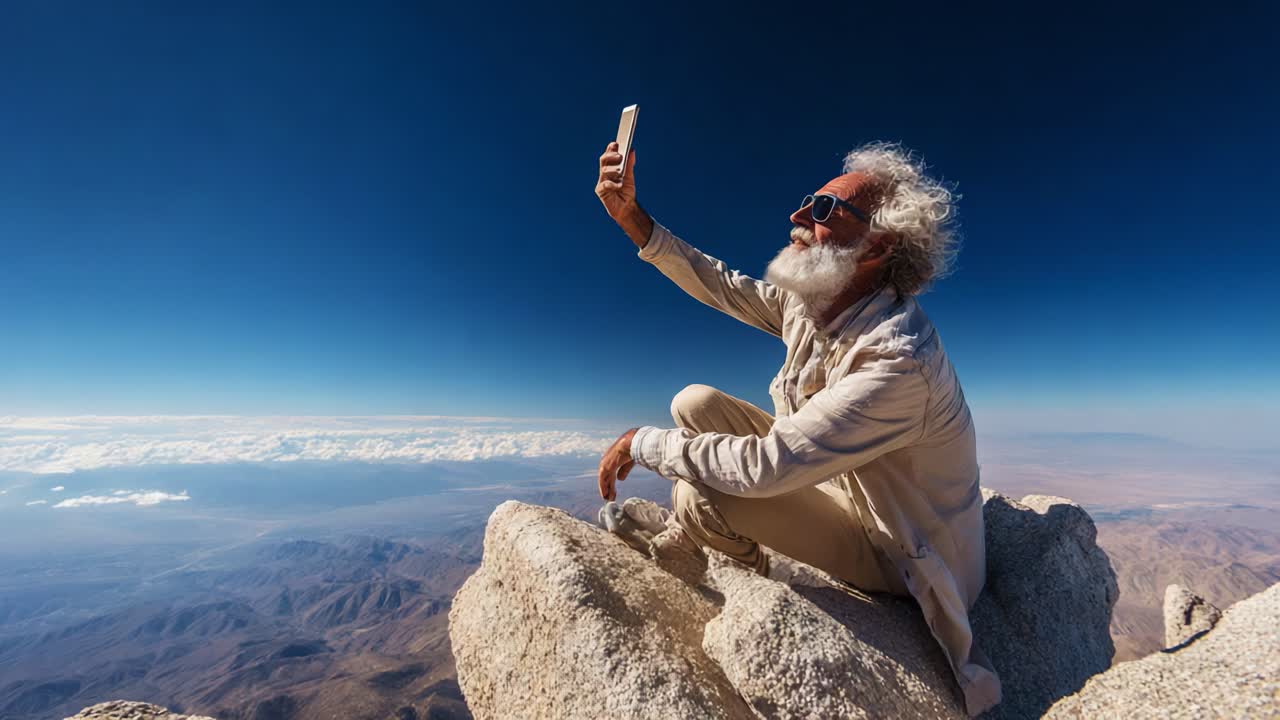 A Senior Explorer Captures a Memorable Moment with a Smartphone at the Summit, Surrounded by Majestic Mountains and a Stunning Blue Sky, Embracing Adventure and Life's Journeys