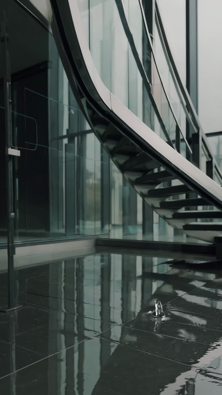 Water Droplet Ripples on Reflective Floor in Modern Building Interior