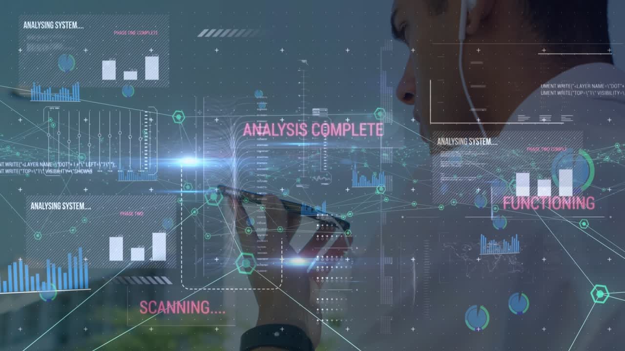 Animation of data processing and network of icons over businessman talking on smartphone