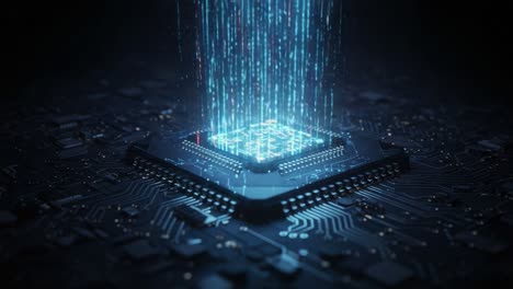 a stunning depiction of a modern microprocessor surrounded by a cascade of colorful data streams in a high-tech circuitboard environment