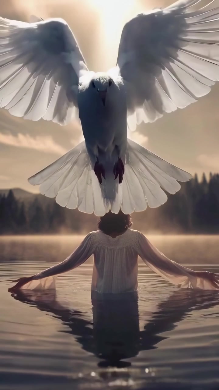 White Dove Descending on a Person in Water with Divine Light